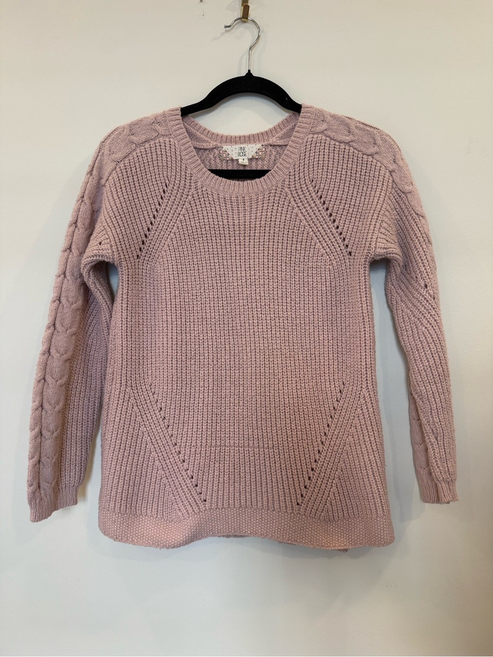 Pink Rose Blush Cable-Trim Crewneck Sweater